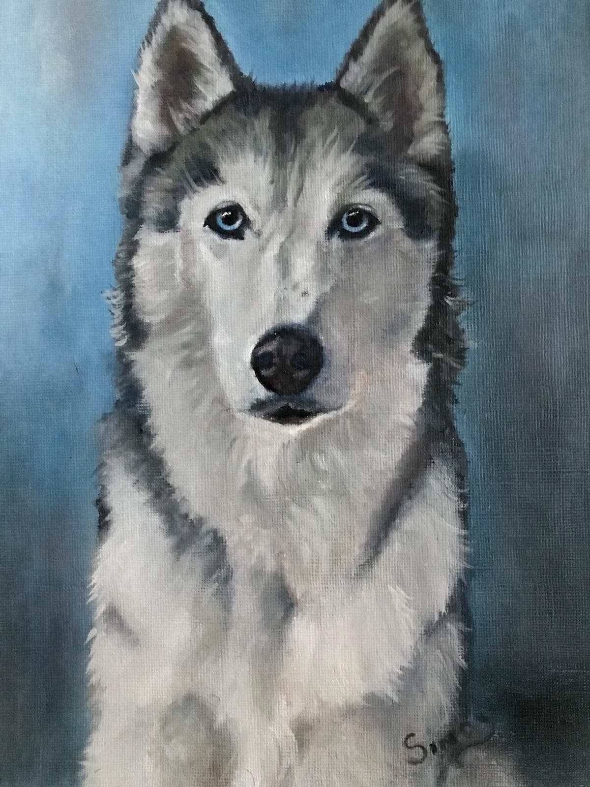 Oil painting of a grey and white husky with blue eyes against a blue background