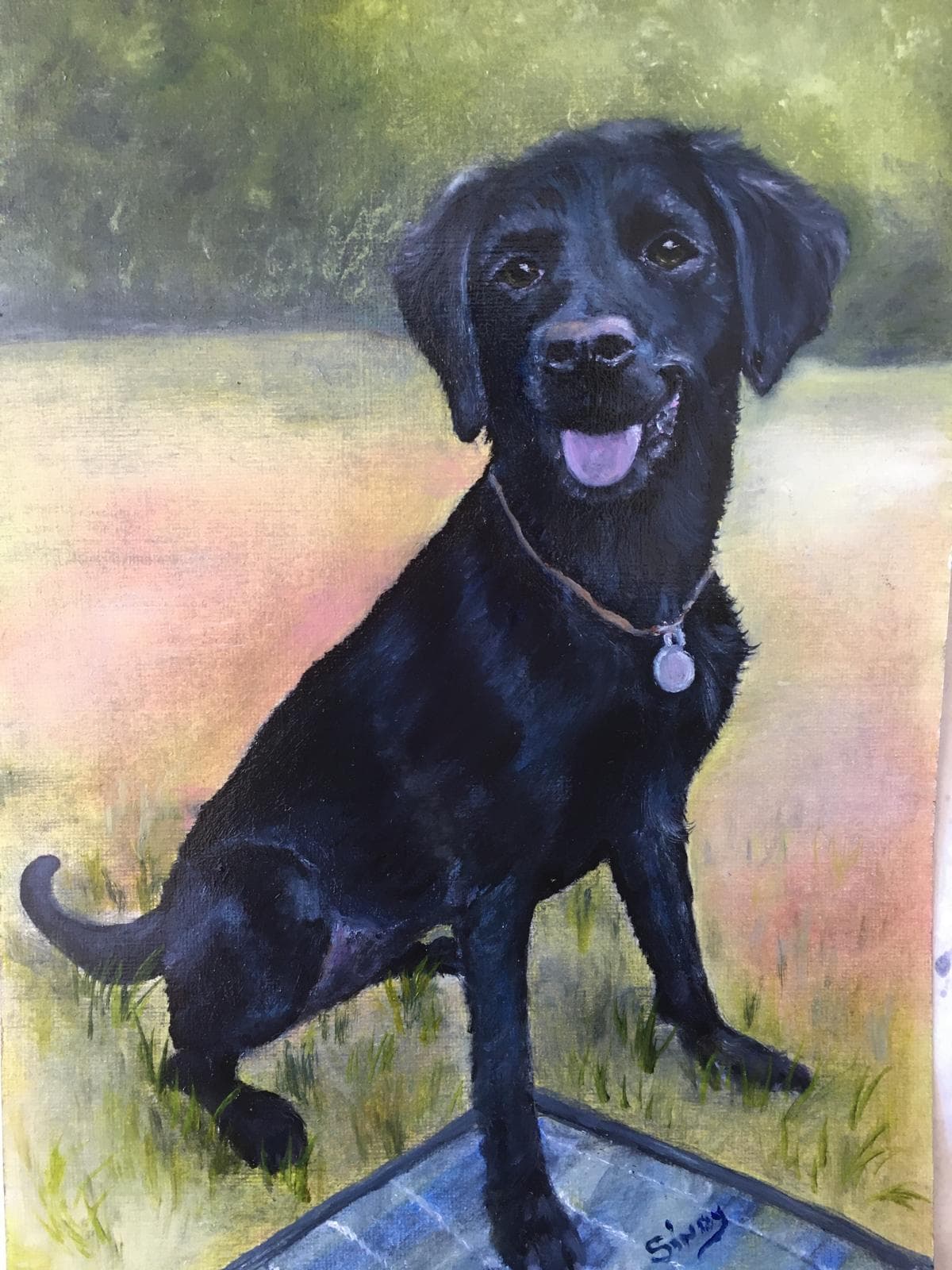Oil painting of a smiling black Labrador sitting in a sunny field