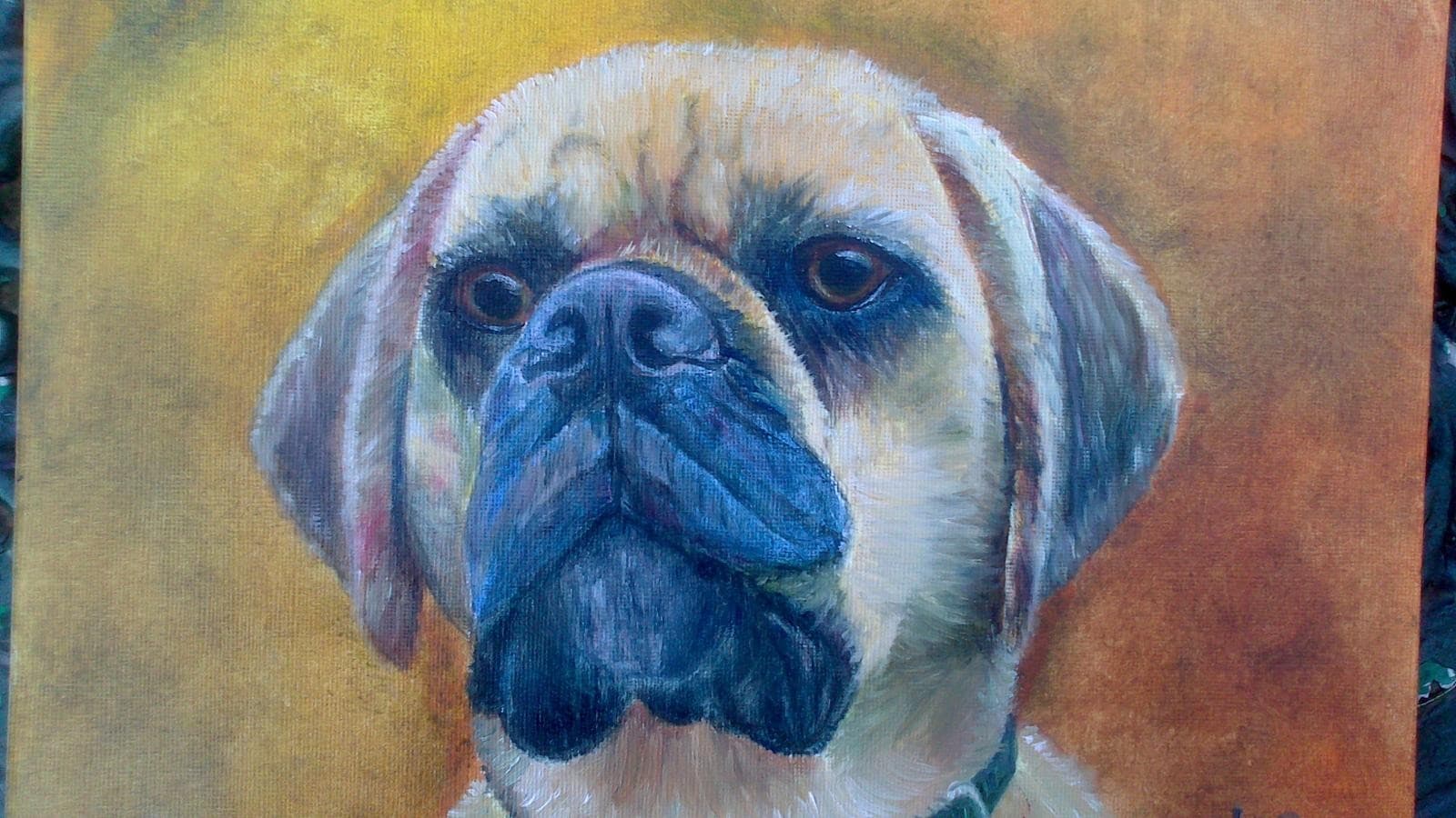 Oil painting of a fawn dog with a dark muzzle and soulful brown eyes against a golden-orange background