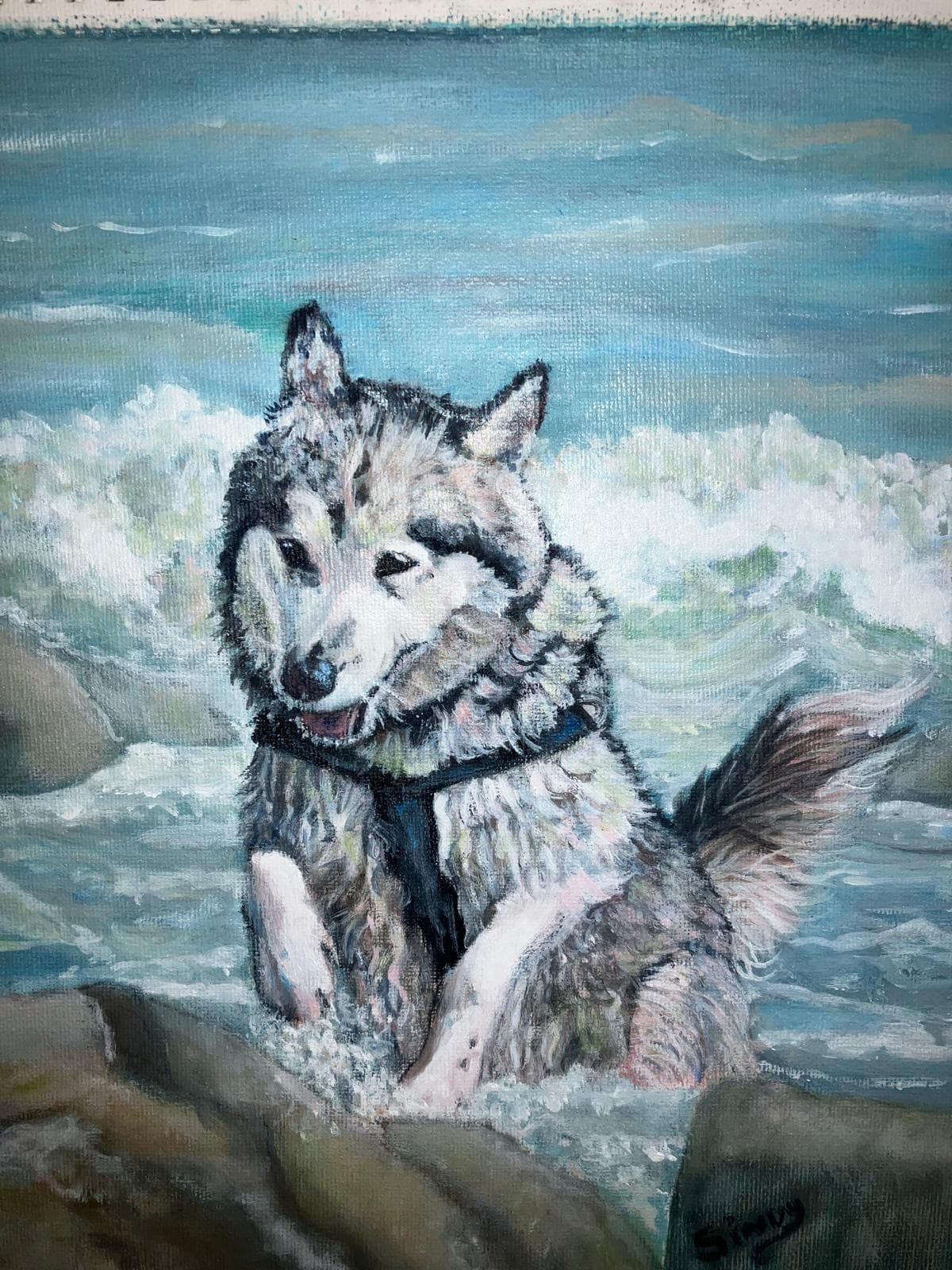 Oil painting of a husky in a harness splashing through waves between rocks